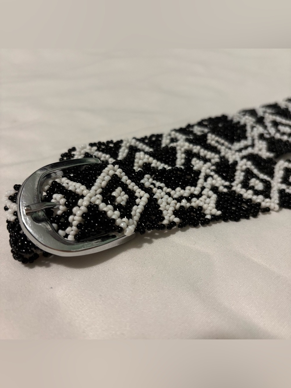 Beaded Belt | Black & White with Silver Tone Buckle